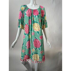 Simply Southern Sea Turtle & Starfish Topsail Print Dress With Tassel Hem Sz XL